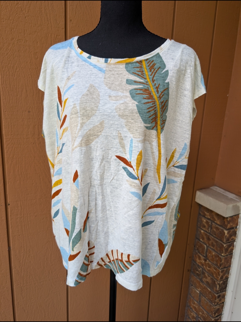 Cynthia Rowley Light Cream Botanical Print Women's Linen Tee XL Button Up Back